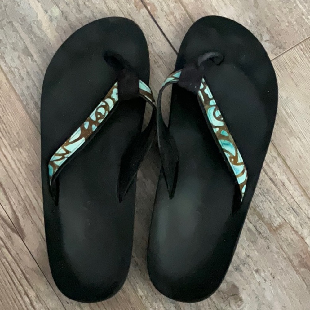 Black Flip Flops with Patterned Straps